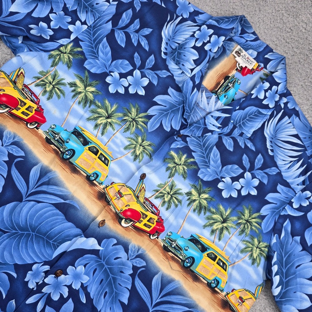 Aloha‎ Republic Hawaiian Shirt Mens XL Blue Woody Wagon Classic Car Tropical VTG